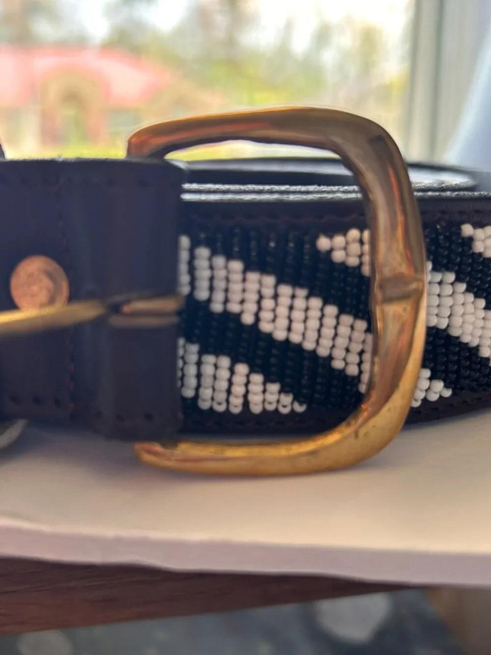 Beaded Zebra Print Brown Leather Belt 1.5